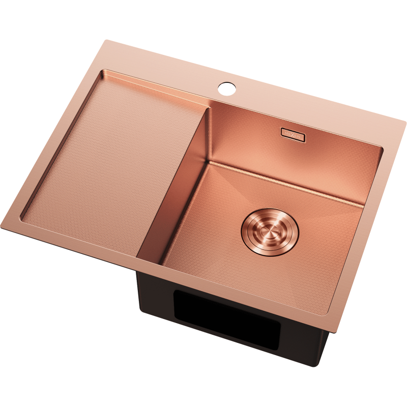 Mexen Exar 1-bowl stainless steel sink with drainer, right 620 x 480 mm, copper HC - 6432621005P-65HC