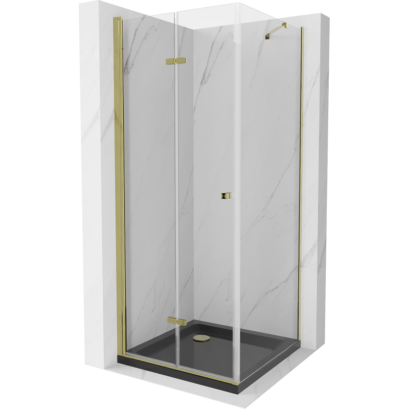 Mexen Lima folding shower cabin 80 x 80 cm, transparent, gold + Flat shower tray, black - 856-080-080-50-00-4070G