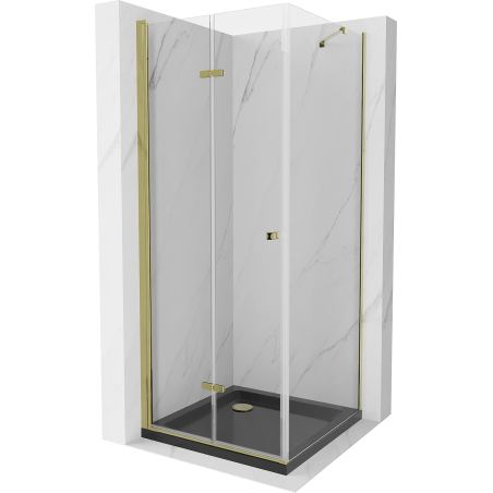 Mexen Lima folding shower cabin 80 x 80 cm, transparent, gold + Flat shower tray, black - 856-080-080-50-00-4070G