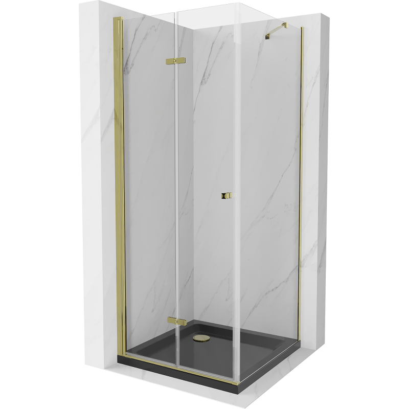 Mexen Lima folding shower cubicle 90 x 90 cm, Transparent, Gold + shower tray Flat, Black - 856-090-090-50-00-4070G