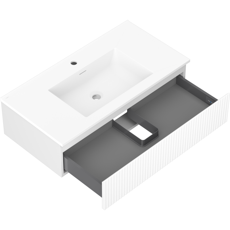 Mexen Rivel 90 cm bathroom cabinet with Otis sink, 1 drawer, grooved, white matt - 91A20-09023-1-BF01-W18M01