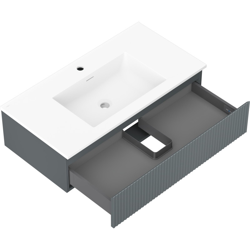 Mexen Rivel 90 cm bathroom cabinet with Otis washbasin, 1 drawer, fluted, matte graphite/white matte - 91A20-09023-1-BF66-W18M01
