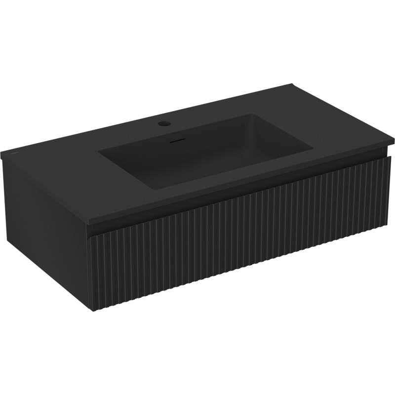 Mexen Rivel 90 cm bathroom cabinet with Otis sink, 1 drawer, grooved, matte black - 91A20-09023-1-BF71-W18M71