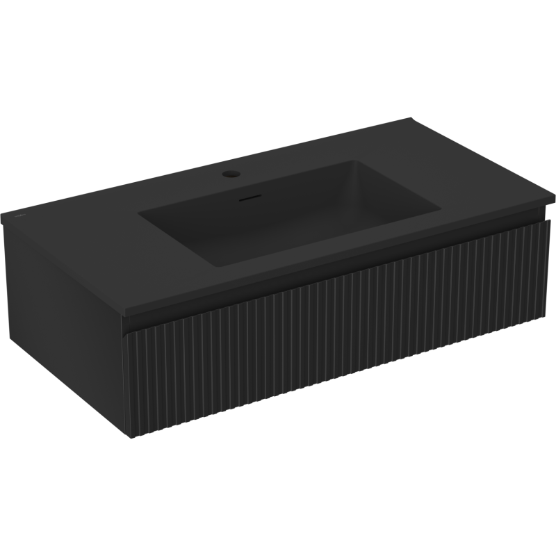 Mexen Rivel bathroom cabinet 90 cm with Otis washbasin, 1 drawer, grooved, black matte - 91A20-09023-1-BF71-W18M71