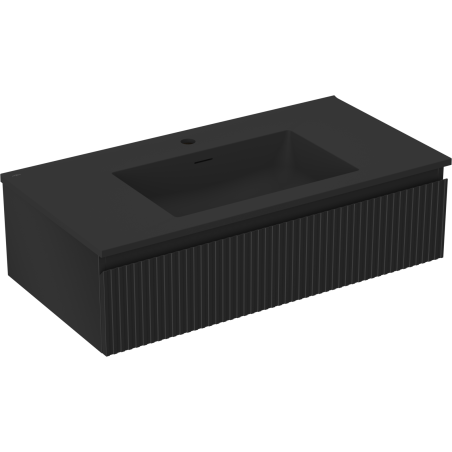 Mexen Rivel bathroom cabinet 90 cm with Otis washbasin, 1 drawer, grooved, black matte - 91A20-09023-1-BF71-W18M71