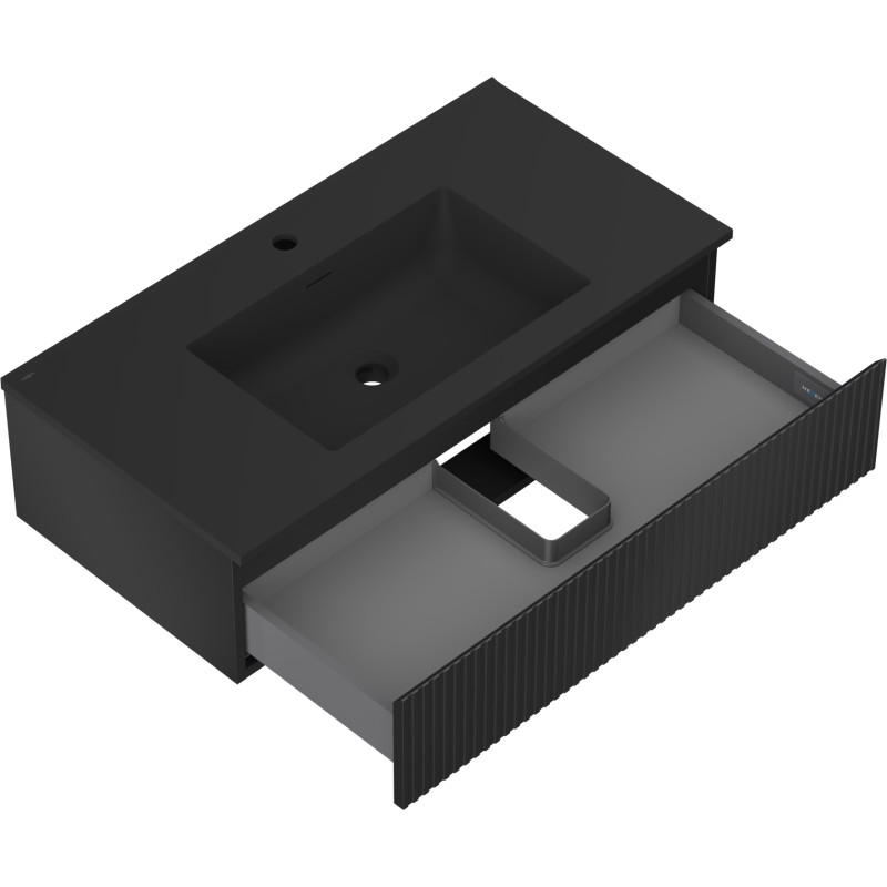 Mexen Rivel 90 cm bathroom cabinet with Otis sink, 1 drawer, grooved, matte black - 91A20-09023-1-BF71-W18M71