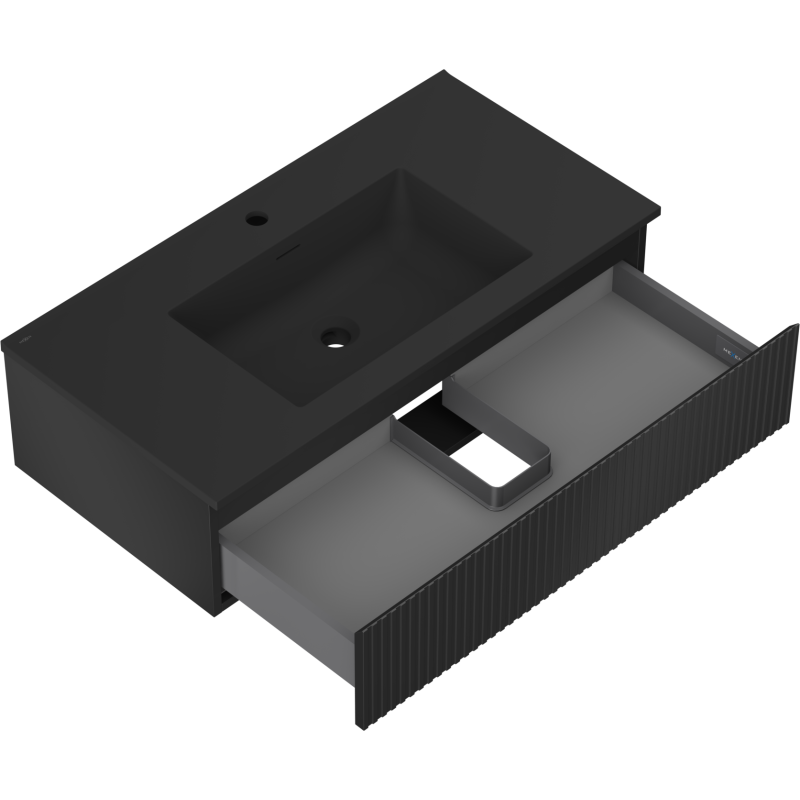 Mexen Rivel bathroom cabinet 90 cm with Otis washbasin, 1 drawer, grooved, black matte - 91A20-09023-1-BF71-W18M71