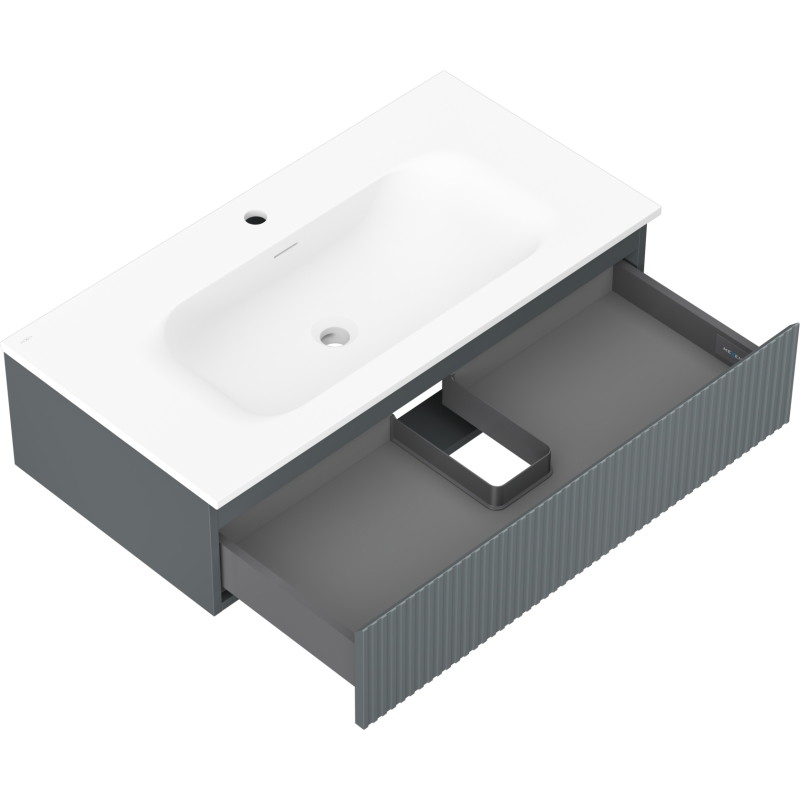 Mexen Rivel 90 cm Bathroom Cabinet with Vela Sink, 1 Drawer, Fluted, Graphite Matte/White Matte - 91A20-09023-1-BF66-W23M01