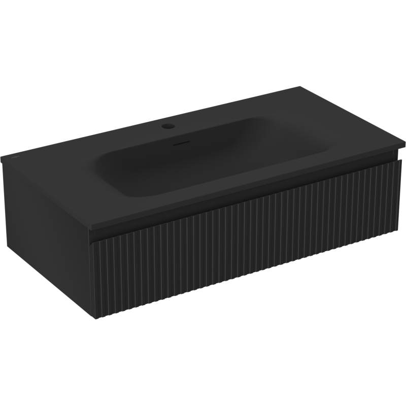Mexen Rivel bathroom cabinet 90 cm with Vela sink, 1 drawer, fluted, black matte - 91A20-09023-1-BF71-W23M71