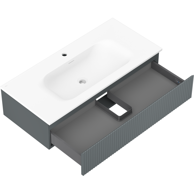 Mexen Rivel 100 cm bathroom cabinet with Vela sink, 1 drawer, fluted, matte graphite/white - 91A20-10023-1-BF66-W23M01