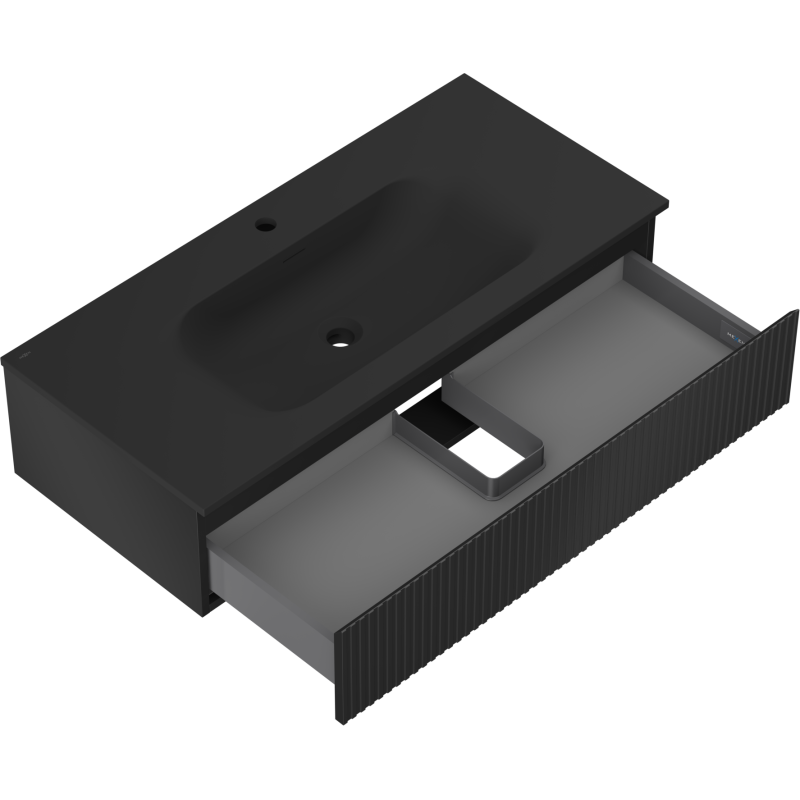 Mexen Rivel bathroom cabinet 100 cm with Vela sink, 1 drawer, fluted, black matte - 91A20-10023-1-BF71-W23M71