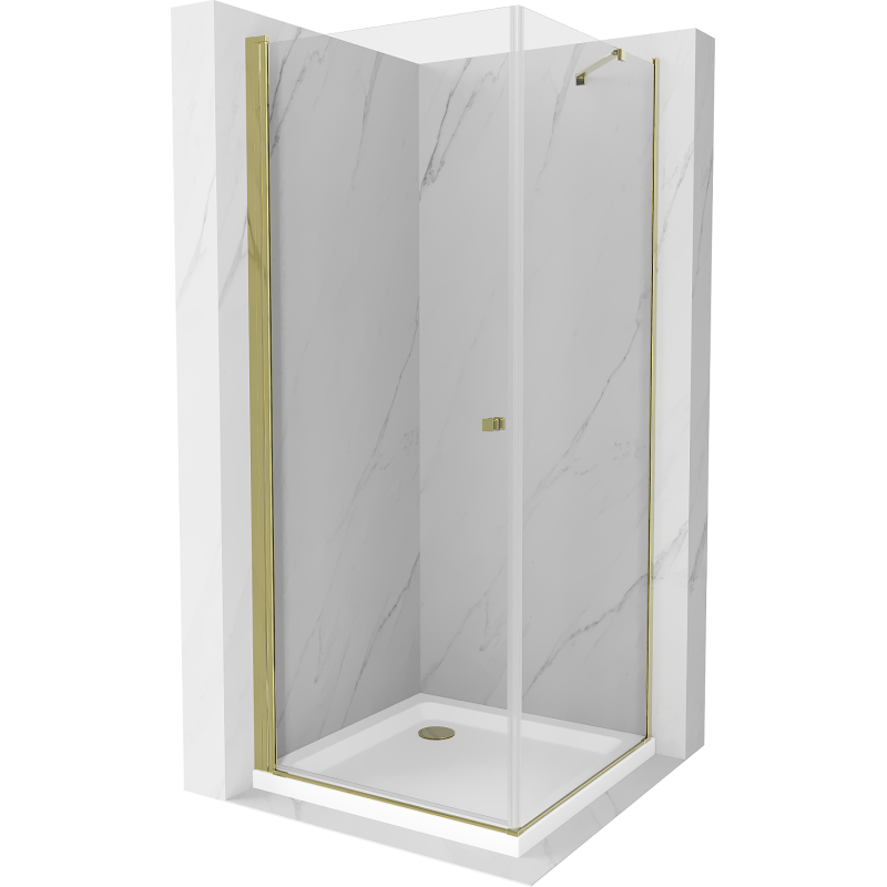 Mexen Pretoria 90 x 90 cm Hinged Shower Enclosure, Transparent, Gold + Flat Shower Tray - 852-090-090-50-00-4010