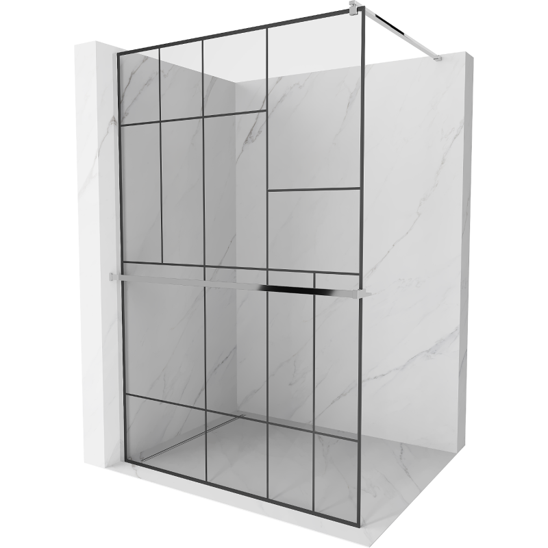 Mexen Kioto+ shower screen with a shelf and rail 80 x 200 cm, Transparent/Black pattern 8 mm, Chrome - 800-080-121-01-78
