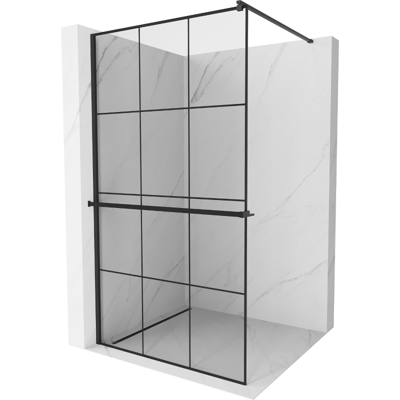 Mexen Kioto+ shower screen with a shelf and rail 110 x 200 cm, Transparent/Black pattern 8 mm, Black - 800-110-121-70-77