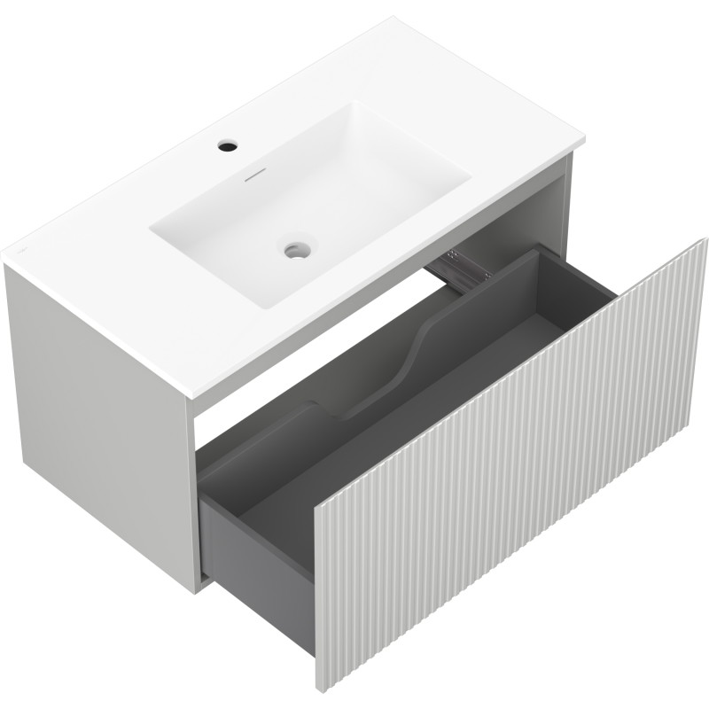 Mexen Rivel 90 cm bathroom cabinet with Otis washbasin, 1 drawer, fluted, gray matte/white matte - 91A20-09047-1-BF62-W18M01
