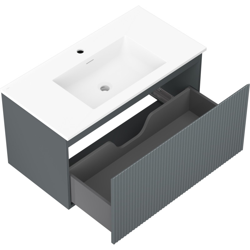 Mexen Rivel 90 cm bathroom cabinet with sink Otis, 1 drawer, grooved, graphite matte/white matte - 91A20-09047-1-BF66-W18M01
