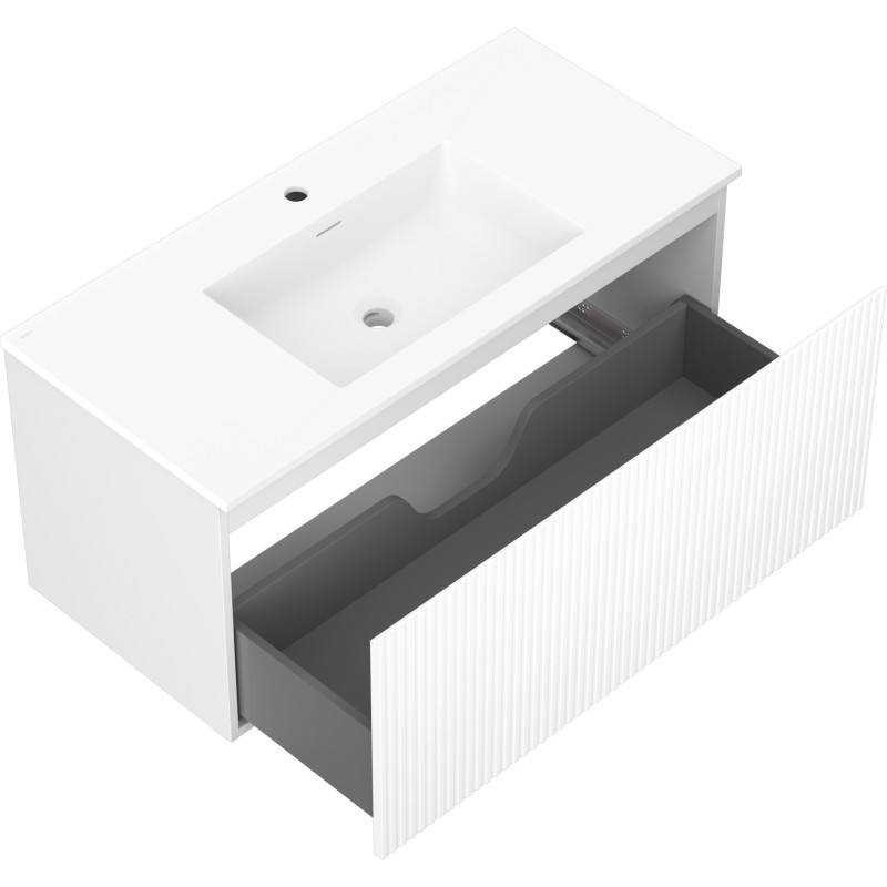 Mexen Rivel 100 cm Bathroom Cabinet with Sink Otis, 1 Drawer, Fluted, Matte White - 91A20-10047-1-BF01-W18M01