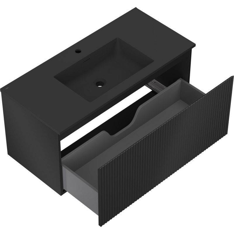 Mexen Rivel 100 cm bathroom cabinet with Otis sink, 1 drawer, fluted, matte black - 91A20-10047-1-BF71-W18M71