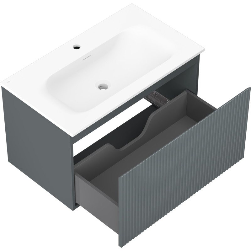 Mexen Rivel bathroom cabinet 80 cm with Vela sink, 1 drawer, fluted, matte graphite/white matte - 91A20-08047-1-BF66-W23M01