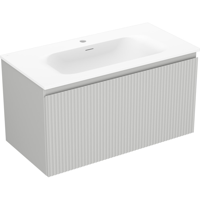Mexen Rivel 90 cm bathroom cabinet with Vela sink, 1 drawer, grooved, gray matte/white matte - 91A20-09047-1-BF62-W23M01