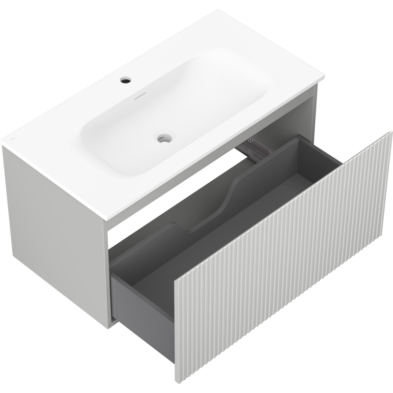 Mexen Rivel bathroom cabinet 90 cm with Vela sink, 1 drawer, fluted, grey matt/white matt - 91A20-09047-1-BF62-W23M01