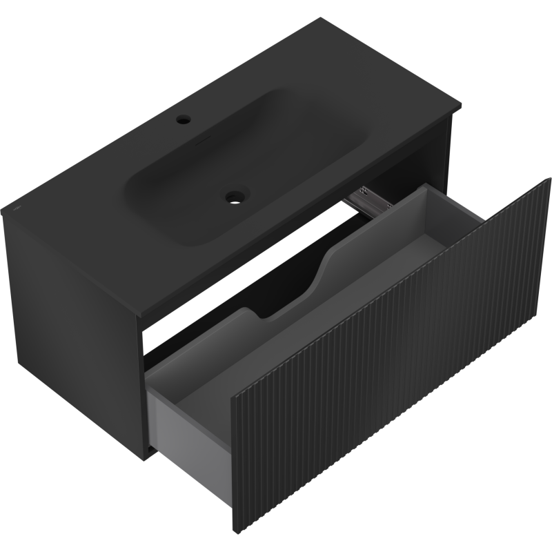 Mexen Rivel bathroom cabinet 100 cm with Vela washbasin, 1 drawer, fluted, black matte - 91A20-10047-1-BF71-W23M71