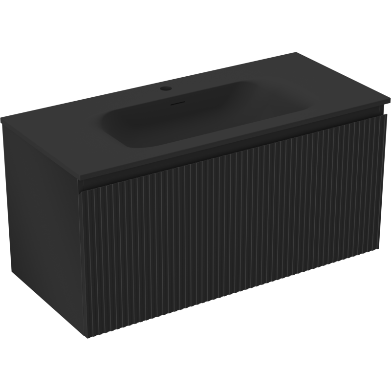 Mexen Rivel bathroom cabinet 100 cm with Vela washbasin, 1 drawer, fluted, black matte - 91A20-10047-1-BF71-W23M71