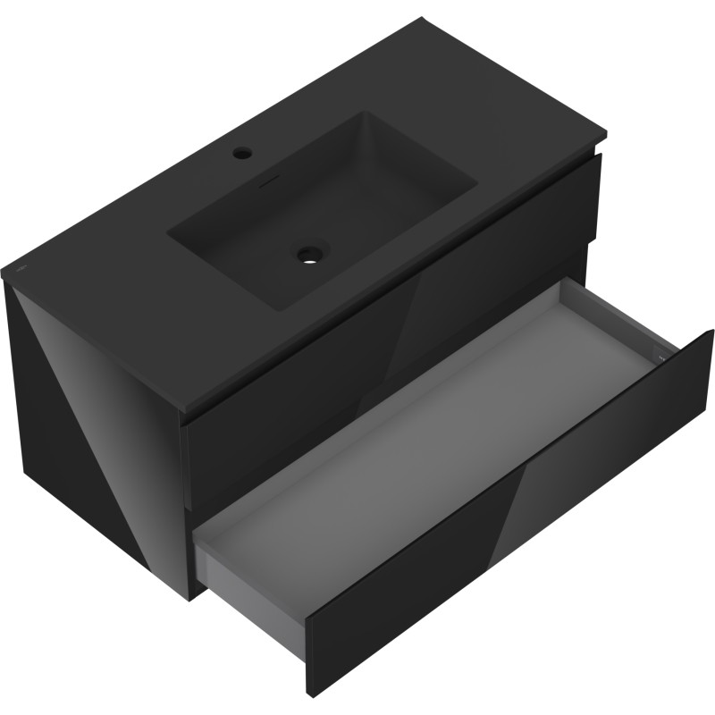 Mexen Orio 100 cm bathroom cabinet with Otis sink, 2 drawers, black gloss/black matte - 91A10-10047-2-BFF70-W18M71