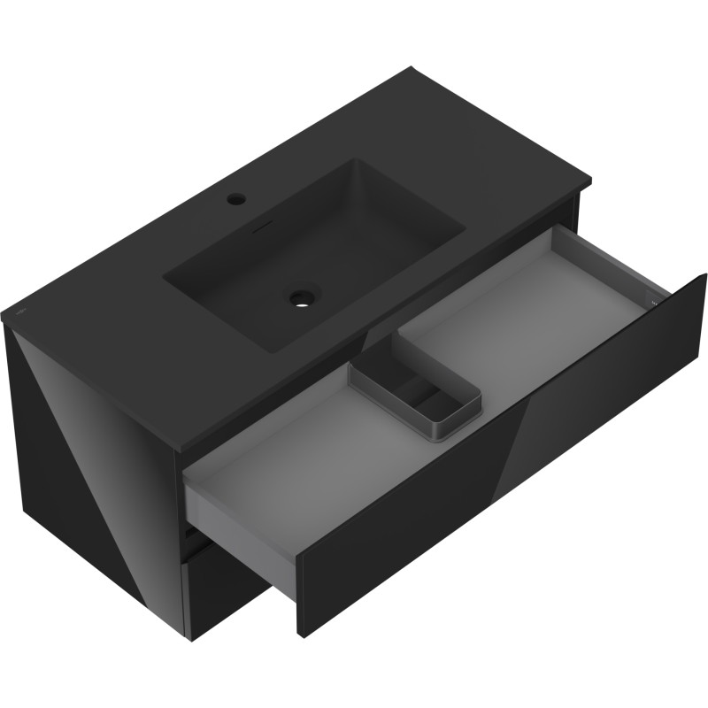 Mexen Orio 100 cm bathroom cabinet with Otis sink, 2 drawers, black gloss/black matte - 91A10-10047-2-BFF70-W18M71