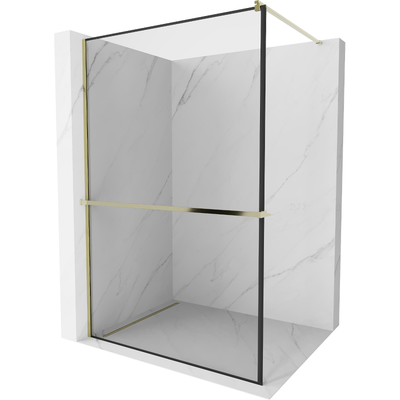 Mexen Kioto+ shower screen with a shelf and rail 110 x 200 cm, Transparent/Black pattern 8 mm, Gold - 800-110-121-50-70