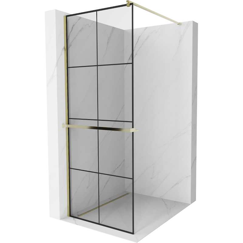 Mexen Kioto+ Walk-in shower screen with shelf 90 x 200 cm, black grid, gold - 800-090-121-50-77