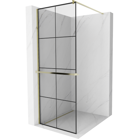 Mexen Kioto+ shower screen with a shelf and rail 90 x 200 cm, Transparent/Black pattern 8 mm, Gold - 800-090-121-50-77