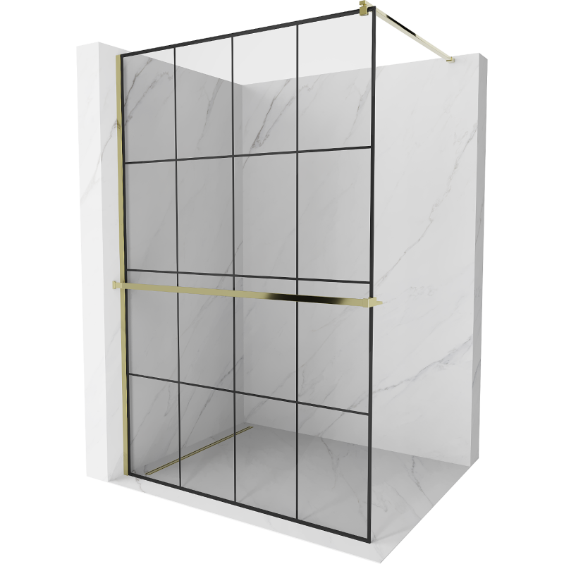 Mexen Kioto+ shower screen with Walk-in shelf 140 x 200 cm, black grid, gold - 800-140-121-50-77