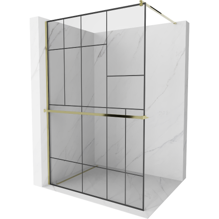 Mexen Kioto+ shower screen with a shelf and rail 130 x 200 cm, Transparent/Black pattern 8 mm, Gold - 800-130-121-50-78