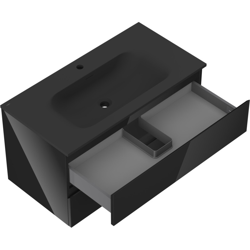 Mexen Orio 90 cm bathroom cabinet with Vela sink, 2 drawers, black gloss/black matte - 91A10-09047-2-BFF70-W23M71