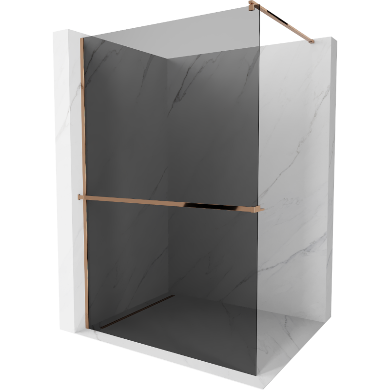 Mexen Kioto+ shower screen with a shelf and rail 110 x 200 cm, Graphite 8 mm, Rose gold - 800-110-121-60-40
