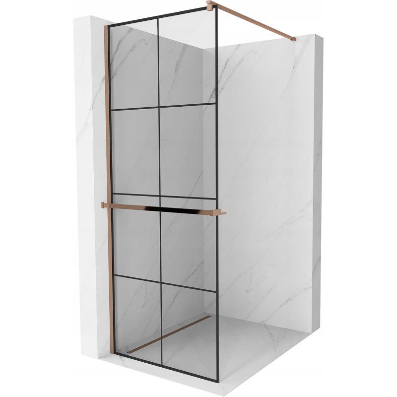 Mexen Kioto+ shower screen with a shelf and rail 80 x 200 cm, Transparent/Black pattern 8 mm, Rose gold - 800-080-121-60-77