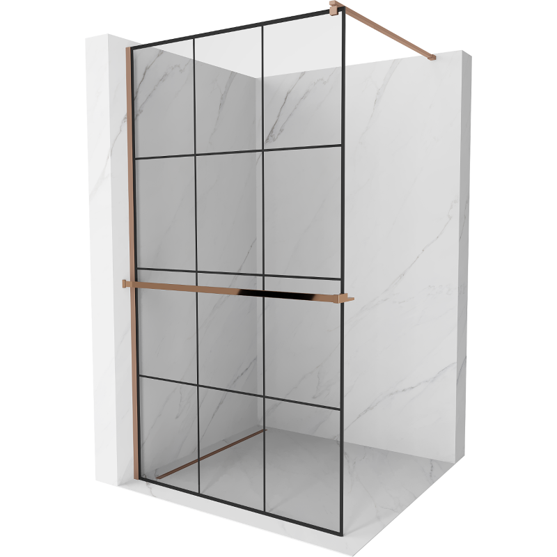 Mexen Kioto+ shower wall with shelf Walk-in 110 x 200 cm, black grid, pink gold - 800-110-121-60-77