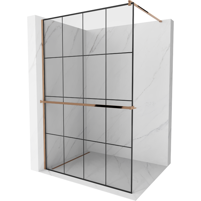 Mexen Kioto+ shower wall with Walk-in shelf 140 x 200 cm, black mesh, pink gold - 800-140-121-60-77