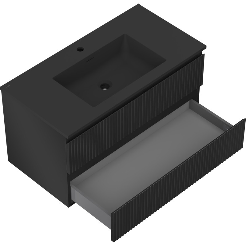 Mexen Rivel 90 cm Bathroom Cabinet with Basin Otis, 2 Drawers, Fluted, Matte Black - 91A20-09047-2-BFF71-W18M71