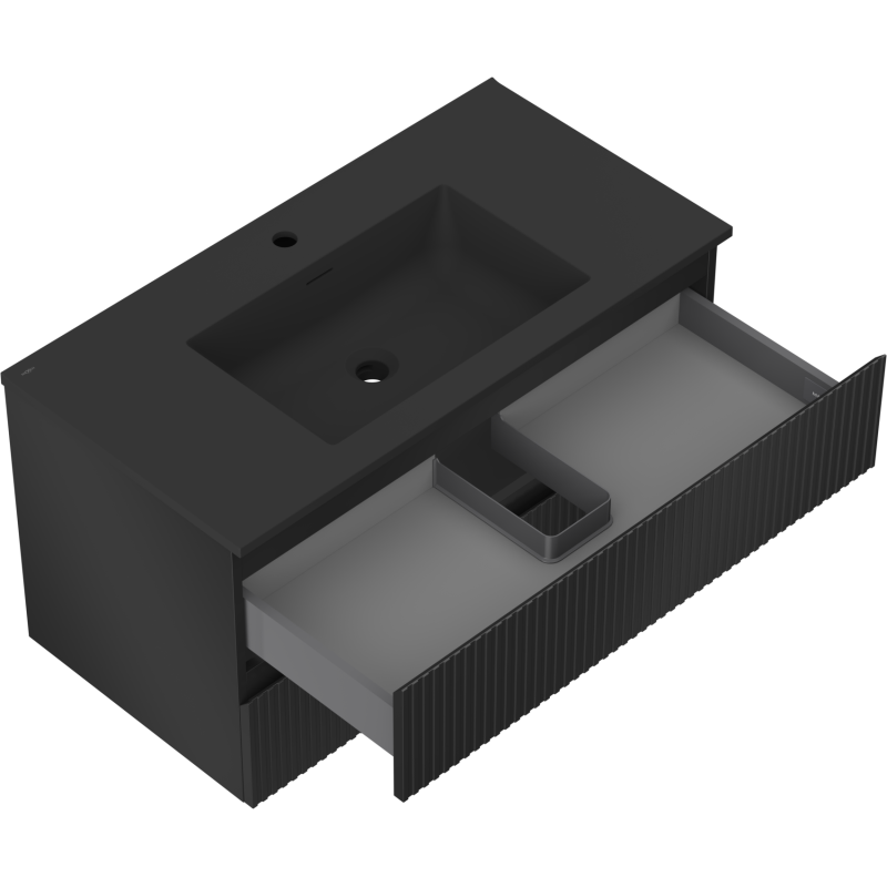 Mexen Rivel bathroom cabinet 90 cm with Otis washbasin, 2 drawers, grooved, black matte - 91A20-09047-2-BFF71-W18M71