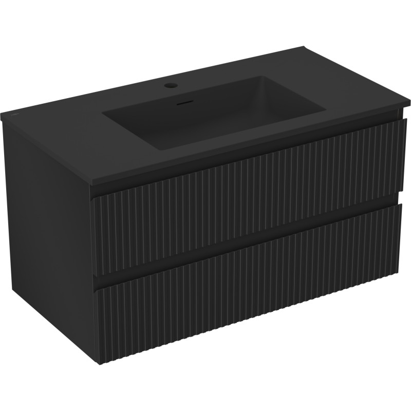 Mexen Rivel 90 cm Bathroom Cabinet with Basin Otis, 2 Drawers, Fluted, Matte Black - 91A20-09047-2-BFF71-W18M71