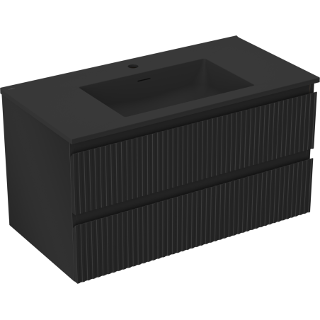 Mexen Rivel bathroom cabinet 90 cm with Otis washbasin, 2 drawers, grooved, black matte - 91A20-09047-2-BFF71-W18M71