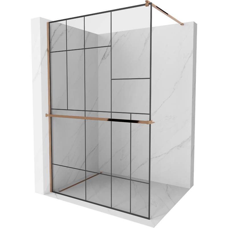 Mexen Kioto+ shower screen with a shelf and rail 110 x 200 cm, Transparent/Black pattern 8 mm Rose gold - 800-110-121-60-78