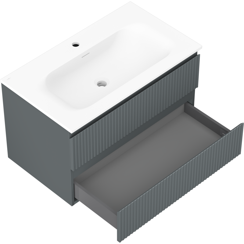 Mexen Rivel 80 cm bathroom cabinet with sink Vela, 2 drawers, fluted, matte graphite/white matte - 91A20-08047-2-BFF66-W23M0