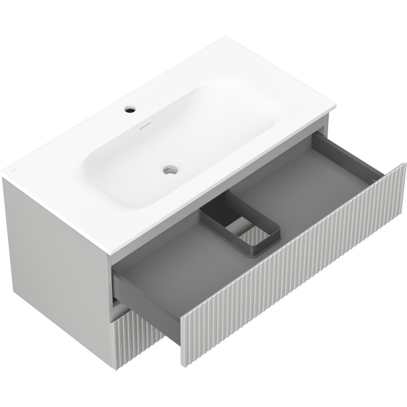 Mexen Rivel 90 cm bathroom cabinet with Vela sink, 2 drawers, fluted, gray matte/white matte - 91A20-09047-2-BFF62-W23M01