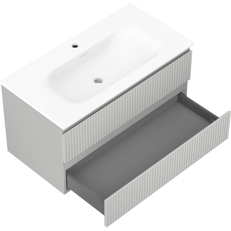 Mexen Rivel 90 cm bathroom cabinet with Vela sink, 2 drawers, fluted, gray matte/white matte - 91A20-09047-2-BFF62-W23M01