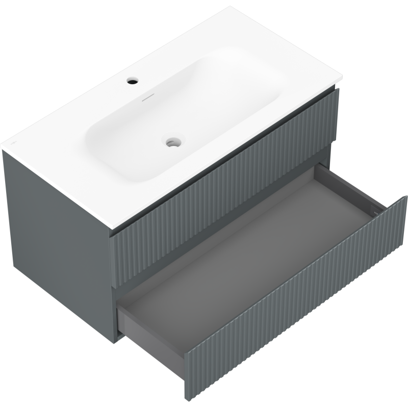 Mexen Rivel bathroom cabinet 90 cm with sink Vela, 2 drawers, fluted, graphite matte/white matte - 91A20-09047-2-BFF66-W23M0
