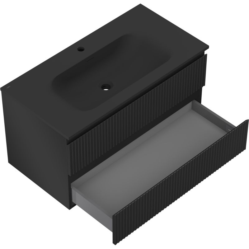 Mexen Rivel bathroom cabinet 90 cm with Vela washbasin, 2 drawers, fluted, matte black - 91A20-09047-2-BFF71-W23M71