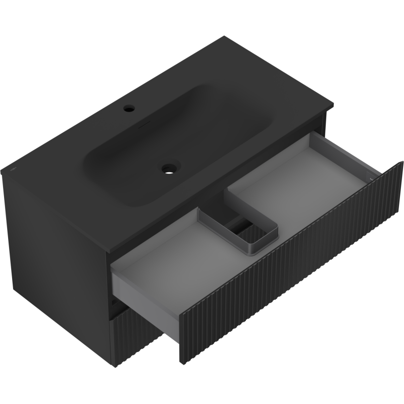 Mexen Rivel bathroom cabinet 90 cm with Vela washbasin, 2 drawers, fluted, matte black - 91A20-09047-2-BFF71-W23M71